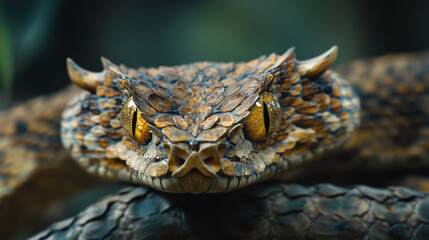 A male nose-horned viper is getting ready to attack.
