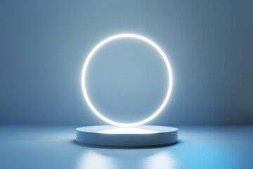 White glowing light ring around podium, abstract background for product presentation. 