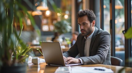 Focused business professional sitting at a modern office desk, typing on a laptop, concentrating on work with a sleek computer setup, ideal for corporate, technology, and productivity concepts.