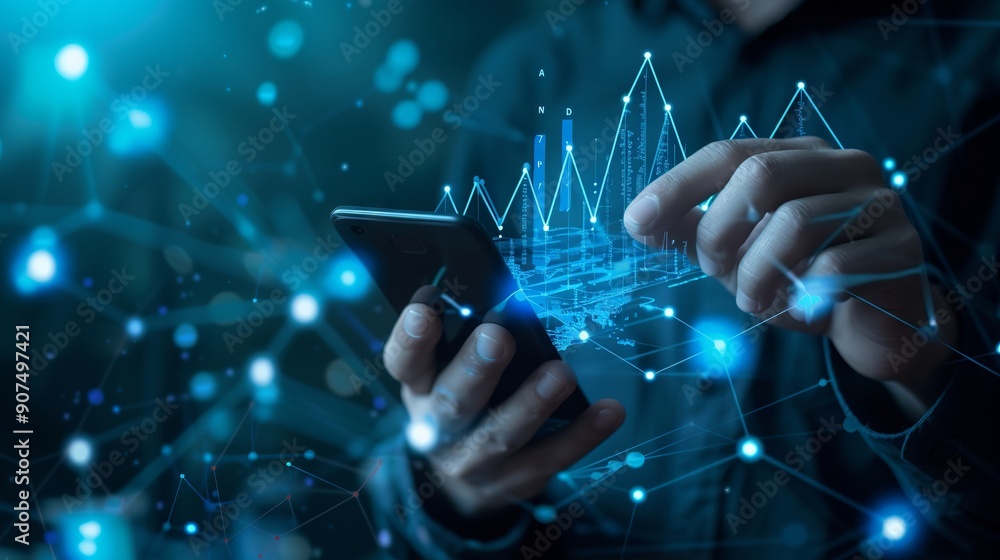 Poster businessman using smartphone with digital network connections, growth graph, and data icons for cust