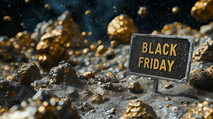 sign with text BLACK FRIDAY on asteroids belt, copy Space 01