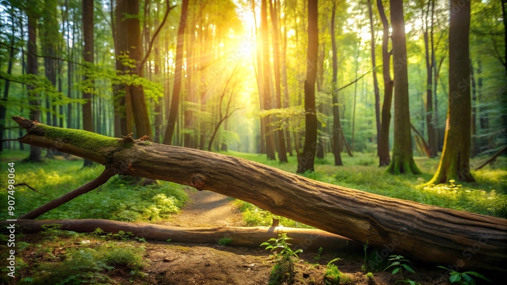 Poster a moment of gravity: a fallen tree branch in a sun-dappled forest generative ai