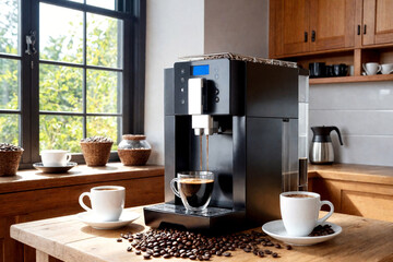 Black coffee machine with cup on counter in kitchen
