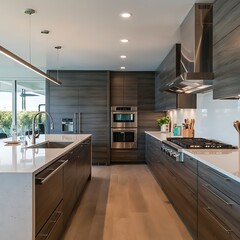 Picture a modern kitchen with state-of-the-art appliances, a large island, and plenty of counter space. How is the kitchen designed for both functionality and style