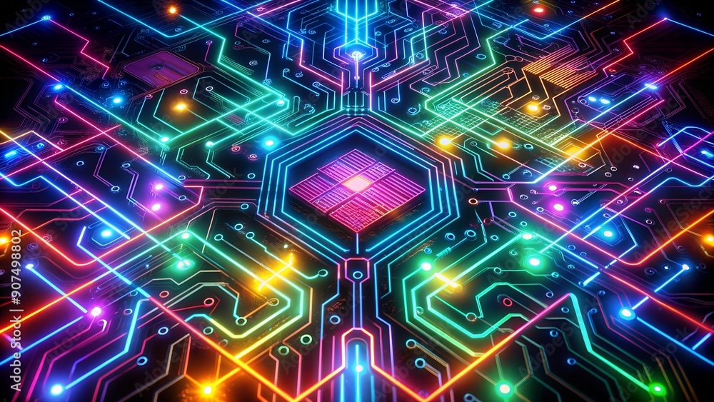 Poster neon circuitry symphony: a cyberpunk tapestry of light and data ai generated