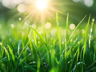 Fototapeta premium Green Grass Blades with Dew Drops in the Sunlight
