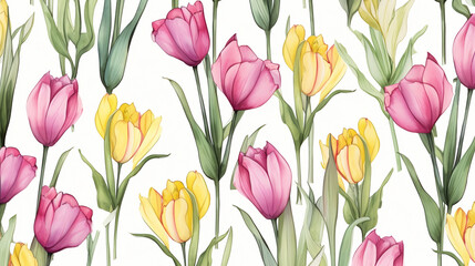 A seamless pattern with pastel pink and yellow tulips, lavender flowers on a white background, patterns, background, wallpaper.