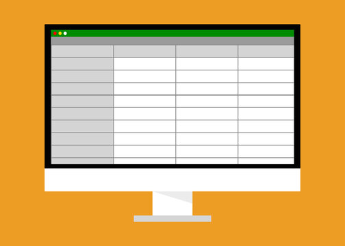 vector image of a computer with a screen displaying a spreadsheet program, minimal illustration