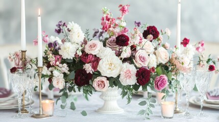 Floral Centerpiece with Candles and Wine Glasses on a Table