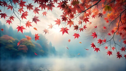 Crimson Cascade: A Symphony of Falling Maple Leaves Against a Misty Morning Sky  generative AI