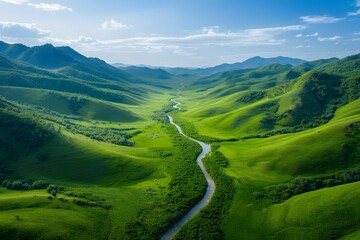 Aerial View of Serene Mountain Valley with Winding River