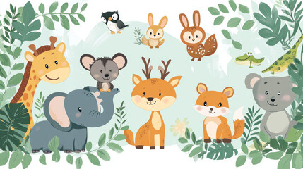 Adorable jungle animals are shown in this cute illustration. A bear, elephant, tiger, lion, fox, giraffe, rabbit, deer, crocodile, owl, monkey, and hippo can all be seen.