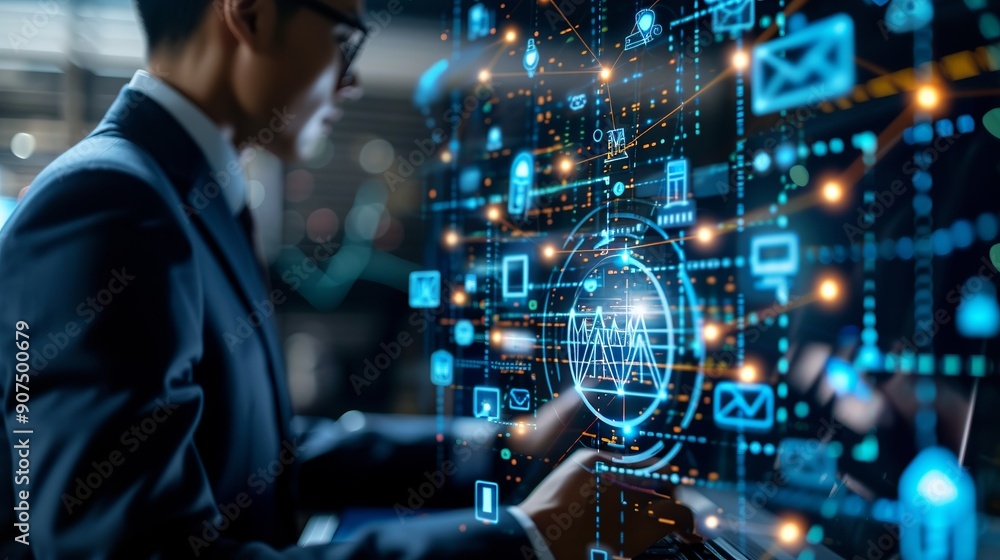 Poster businessmen utilizing advanced internet connection technology and digital marketing strategies for m