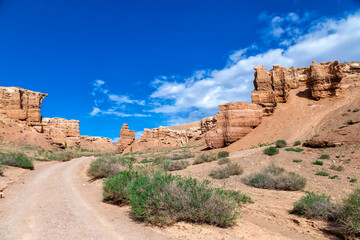 Great Charyn Canyon, Almaty, Kazakhstan. Valley of Castles. Bright blue sky with white clouds over a desert canyon on a hot, sunny day with sparse vegetation. Without people