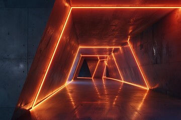 Tunnel room with neon room. 3d render, abstract background with glowing neon lines and geometric...