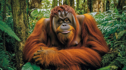 Obraz premium An Orangutan is a large ape found in the forests of Indonesia and Malaysia.