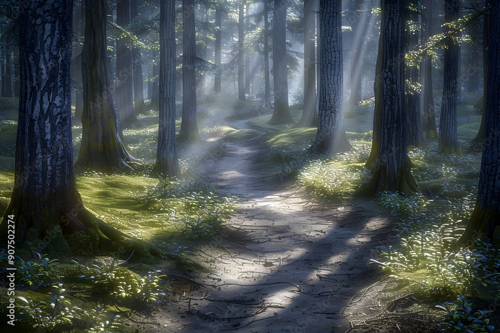 Poster sunbeams through a forest path