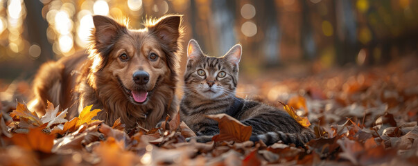 A dog and cat sitting together in autumn leaves, enjoying the warm sunlight in a serene outdoor setting