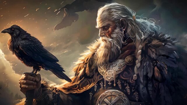 Odin, the Norse god of wisdom and war, with a crow