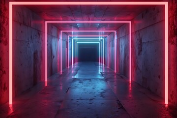 Fototapeta premium 3d render, abstract background with glowing neon lines and geometric shapes on dark concrete wall in the tunnel room