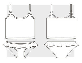 Two-piece swimsuit with tank top and frill on swimming trunks. Technical sketch. Vector illustration.