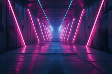 Fototapeta premium 3d render, abstract background with glowing neon lines and geometric shapes on dark concrete wall in the tunnel room