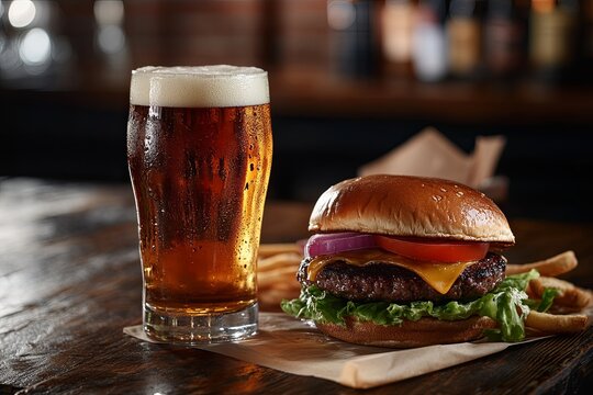 Delicious cheeseburger with lettuce and tomato served with cold beer and crispy fries in a cozy restaurant - Powered by Adobe