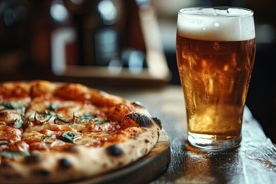 Delicious freshly baked pizza served with a cold glass of beer in a cozy restaurant setting - Powered by Adobe