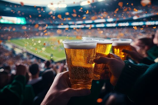 Joyful fans cheers with beer in hand at exciting sports event at stadium