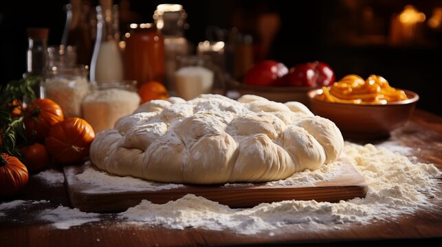 A large piece of dough sits on a wooden cutting board with a variety of food ite