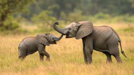 Fototapeta premium Baby elephant plays in the grasslands with its mother.