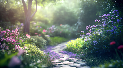 Fototapeta premium Serene Garden with Soft Bokeh Purple Lilac Gradient Sky