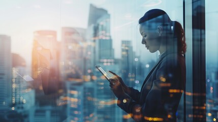Panoramic banner of a professional businesswoman using a digital tablet in a modern office setting with contemporary technology