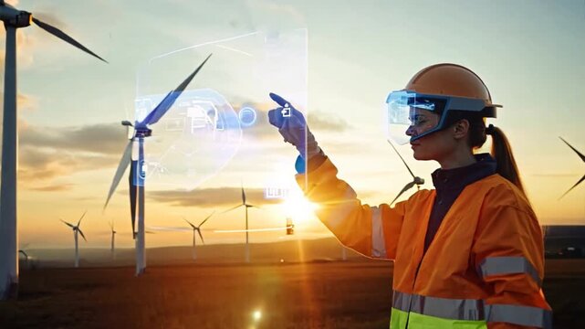 An engineer employs an AI hologram to monitor wind turbine power metrics in real-time, resolving energy issues efficiently.