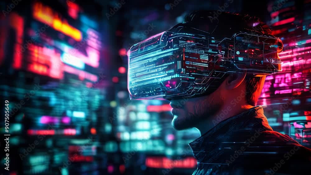Poster a cyberpunk hacker in a virtual reality setting
