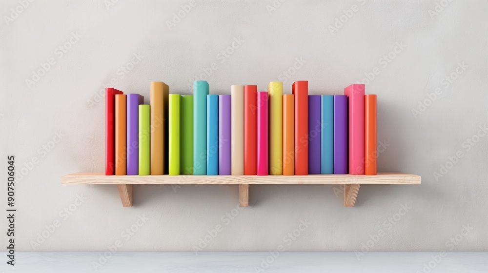 Poster a shelf full of books with a rainbow of colors. the shelf is wooden and the books are arranged in a 