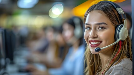Call center professional collaborating with her team in a dynamic and modern office environment, highlighting teamwork and customer service excellence in a corporate setting.