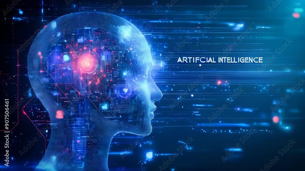 Poster a humanoid head with a neural network brain. artificial intelligence concept.