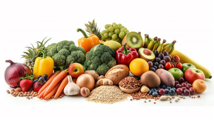 A Rainbow of Nutrition: A vibrant display of fresh fruits, vegetables, grains, and legumes, arranged in a visually appealing composition, representing a healthy and balanced diet. 