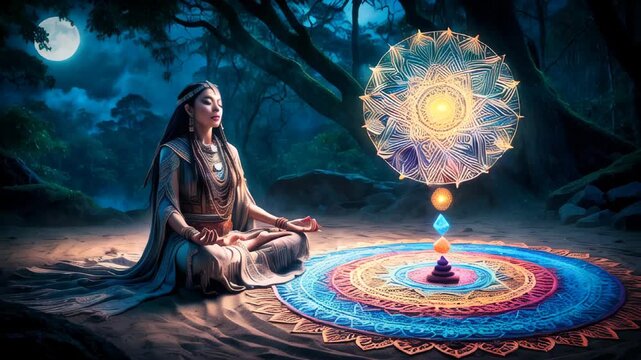 A powerful shaman woman in deep meditation before a mandala