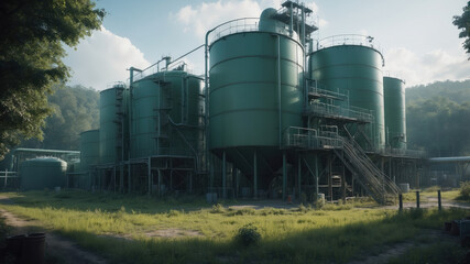 Obraz premium Towering green storage tanks rise peacefully against a backdrop of vibrant trees as morning light casts a gentle glow on the secluded industrial site