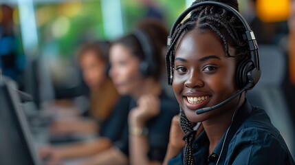 Dedicated call center worker collaborating with her team in a modern customer support office environment, emphasizing teamwork and efficient communication for excellent client service.