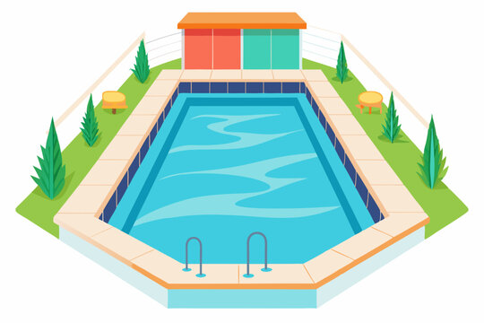 blue pool with orange roof and green grass clip art preview