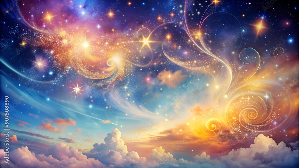 Poster celestial swirl: a whimsical abstract sky with sparkling stars and fluffy clouds generative ai