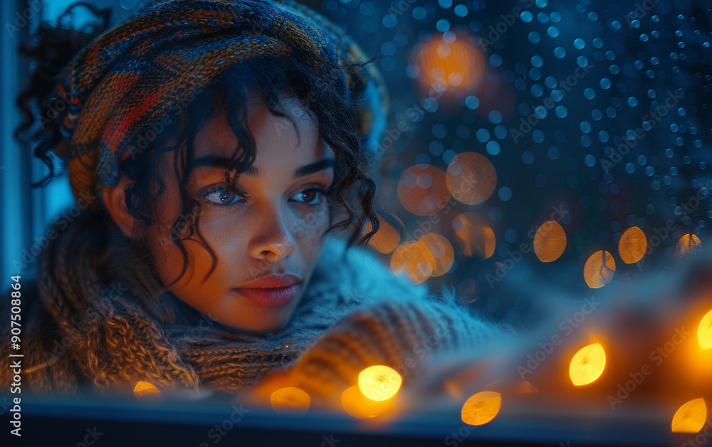 Poster an adult mixed race individual is focused on coding at their computer, surrounded by warm bokeh ligh
