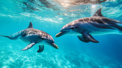 Fototapeta premium Dolphins swimming in sparkling blue water, captured in a breathtaking underwater photo taken in Australia.