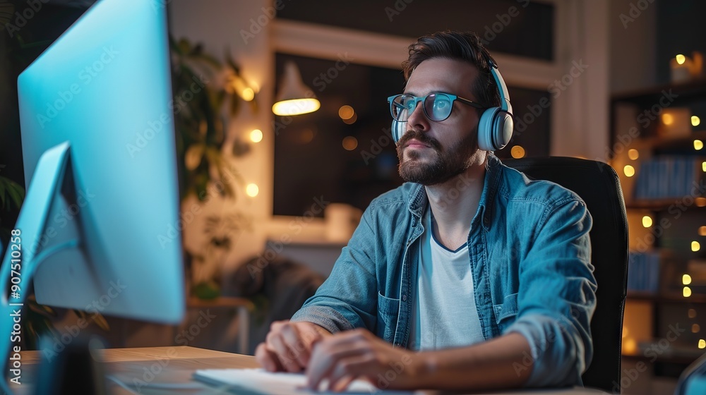 Poster casual-dressed man in self-isolation teleworking with headset on, sitting in front of computer durin