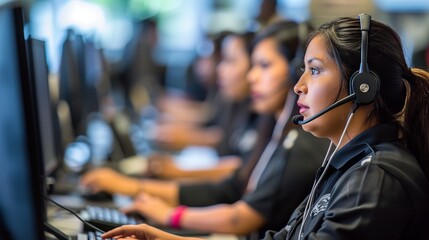 Customer support team providing professional assistance in a busy modern call center with advanced technology and efficient communication systems.
