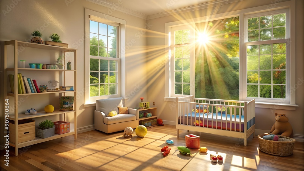 Poster sunbeams dappling through a nursery window generative ai