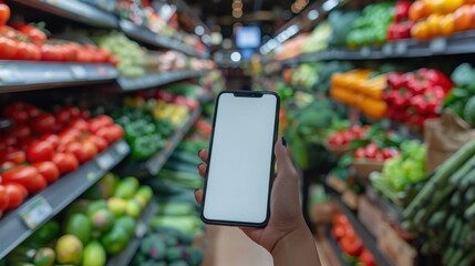 Female hand holding smartphone touch screen on Abstract blur background of supermarket aisle shelves chilled vegetable zone,Mockup image of woman using mobile phone with blank white screen.